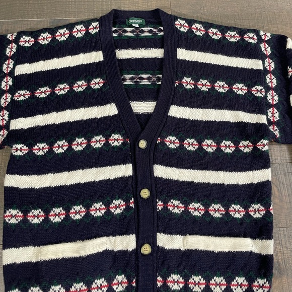 VTG Men’s Wool Navy Blue‎ Fair Isle Christmas Grandpa Cardigan Sweater M - Picture 2 of 9